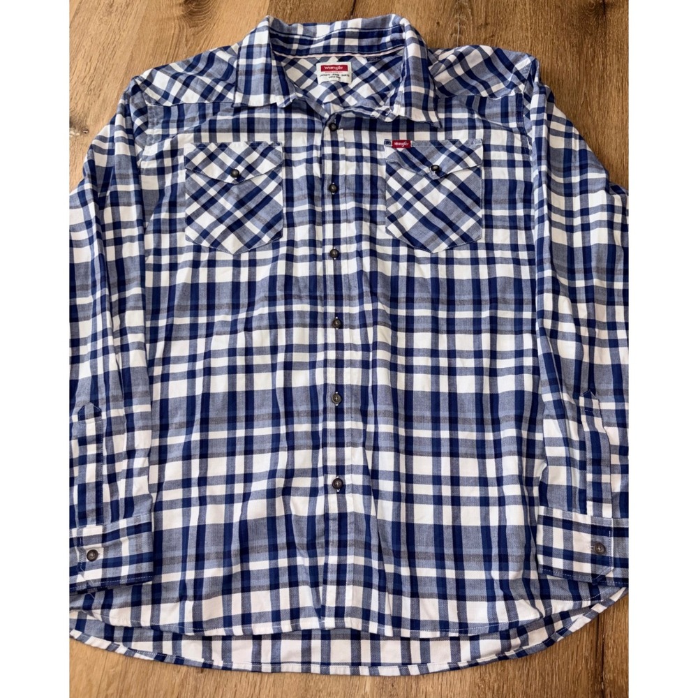 Wrangler Mens Blue White Plaid Herringbone Long Sleeve Button Down Shirt 3XL